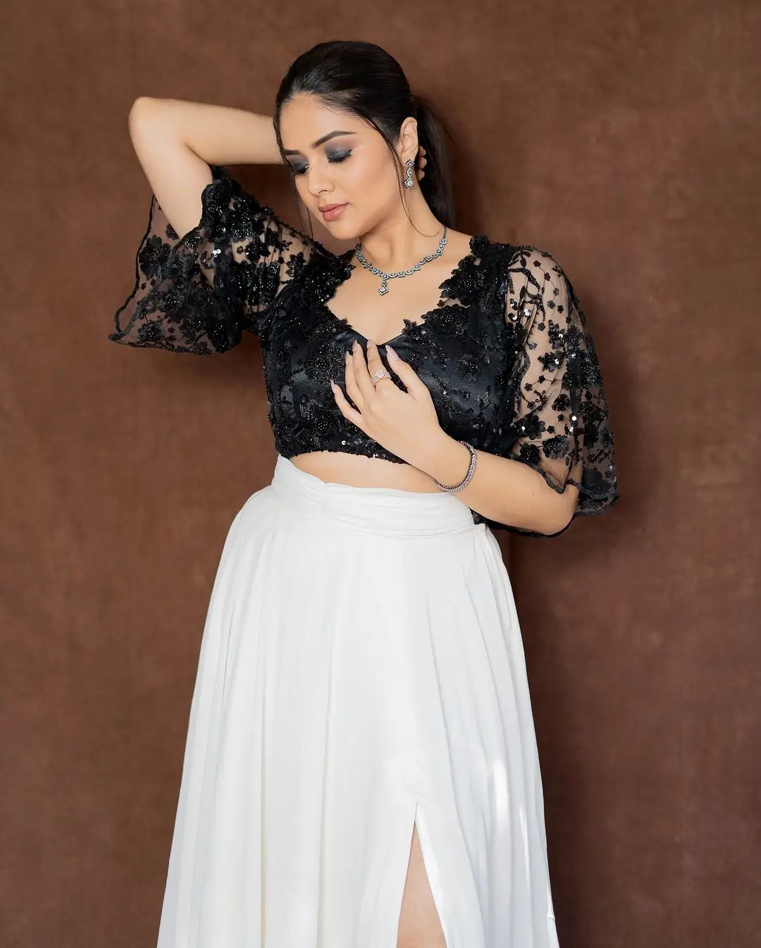 Maa TV Anchor Sreemukhi in White Lehenga Black Choli